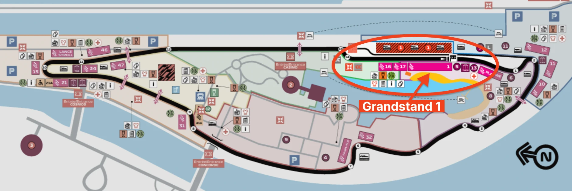 Grandstand 1 on the Canadian Grand Prix track map