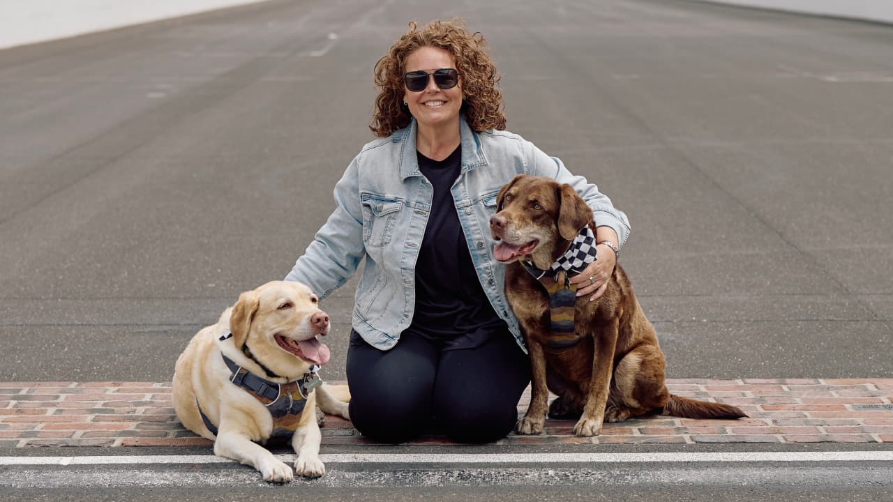 Amy Cavitch and her dogs at the Indianapolis Motor Speedway
