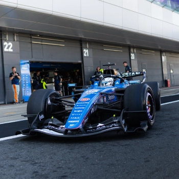 Alex Albon’s car driving out of the pit lane shot by Owen Maers