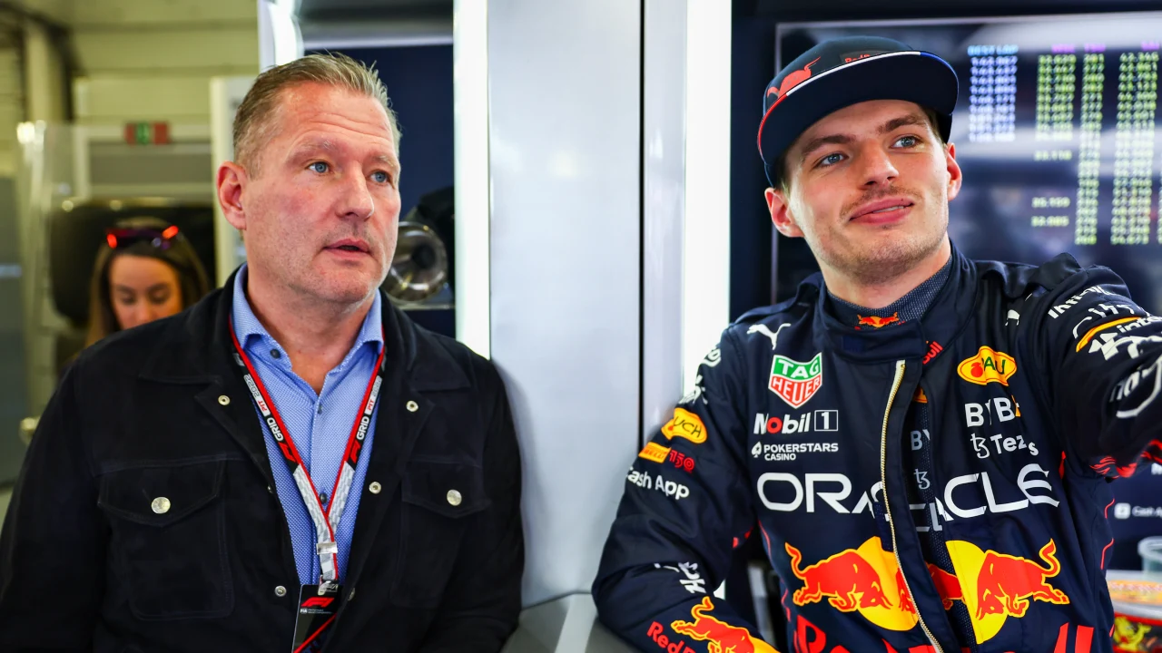 Max Verstappen and his father, Jos Verstappen, at the 2022 British Grand Prix (source: Red Bull Content Pool)