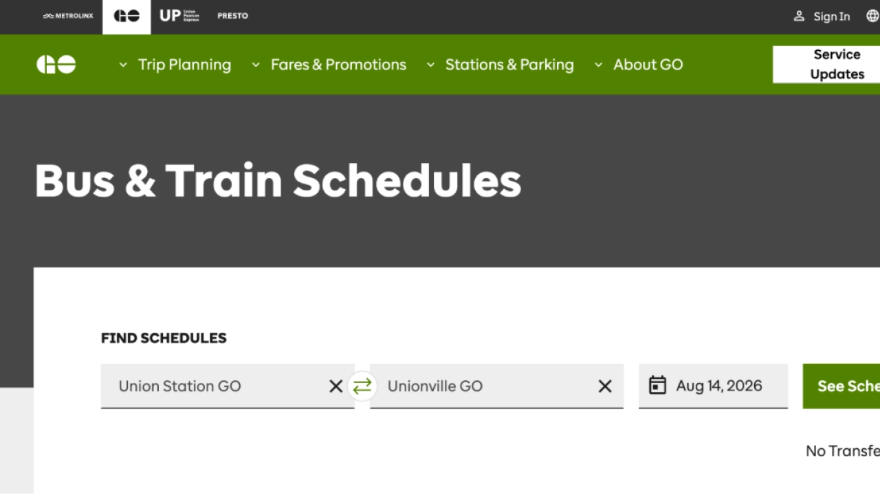 The GO Transit website shows updated schedules and transit times