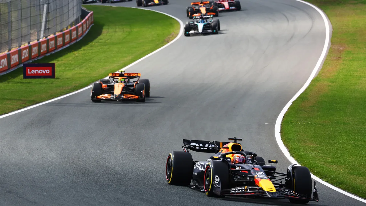 Max Verstappen leads Lando Norris at Turn 5 during the Dutch Grand Prix (Photo by Joe Portlock/Getty Images via Red Bull Content Pool)
