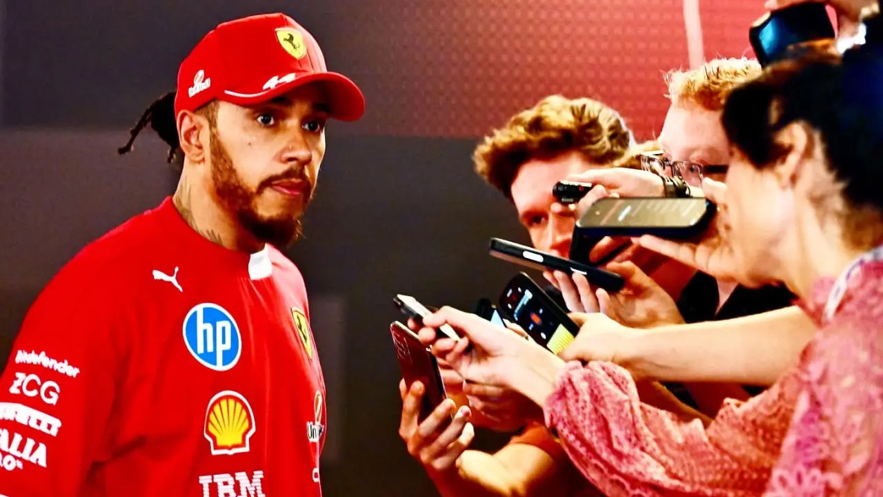 Mandy Curi interviewing Lewis Hamilton in the Formula 1 media pen