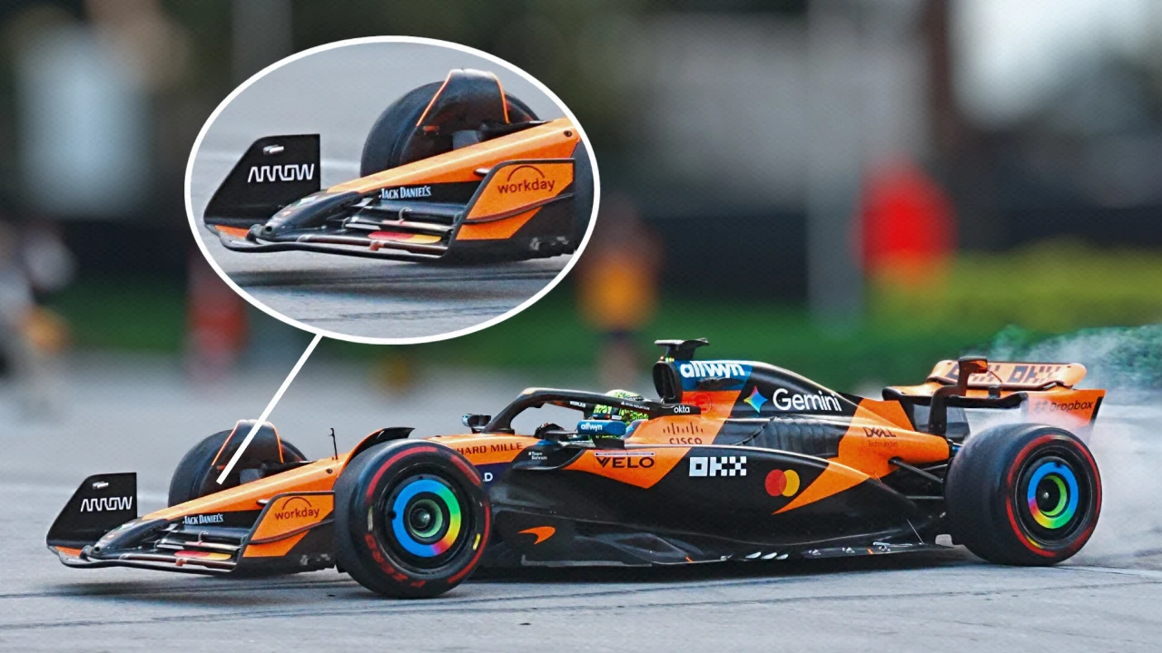 An F1 car with the front wing and nose emphasized, showing that nowadays the nose appears to sit on top of the wing, following a design first developed by Adrian Newey in 1988.