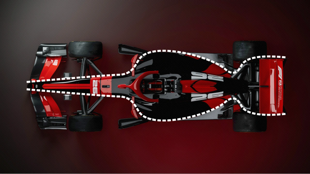 A modern F1 car with a white outline around its bodywork to emphasize the 'Coke bottle' shape of the rear that was perfected by Adrian Newey.