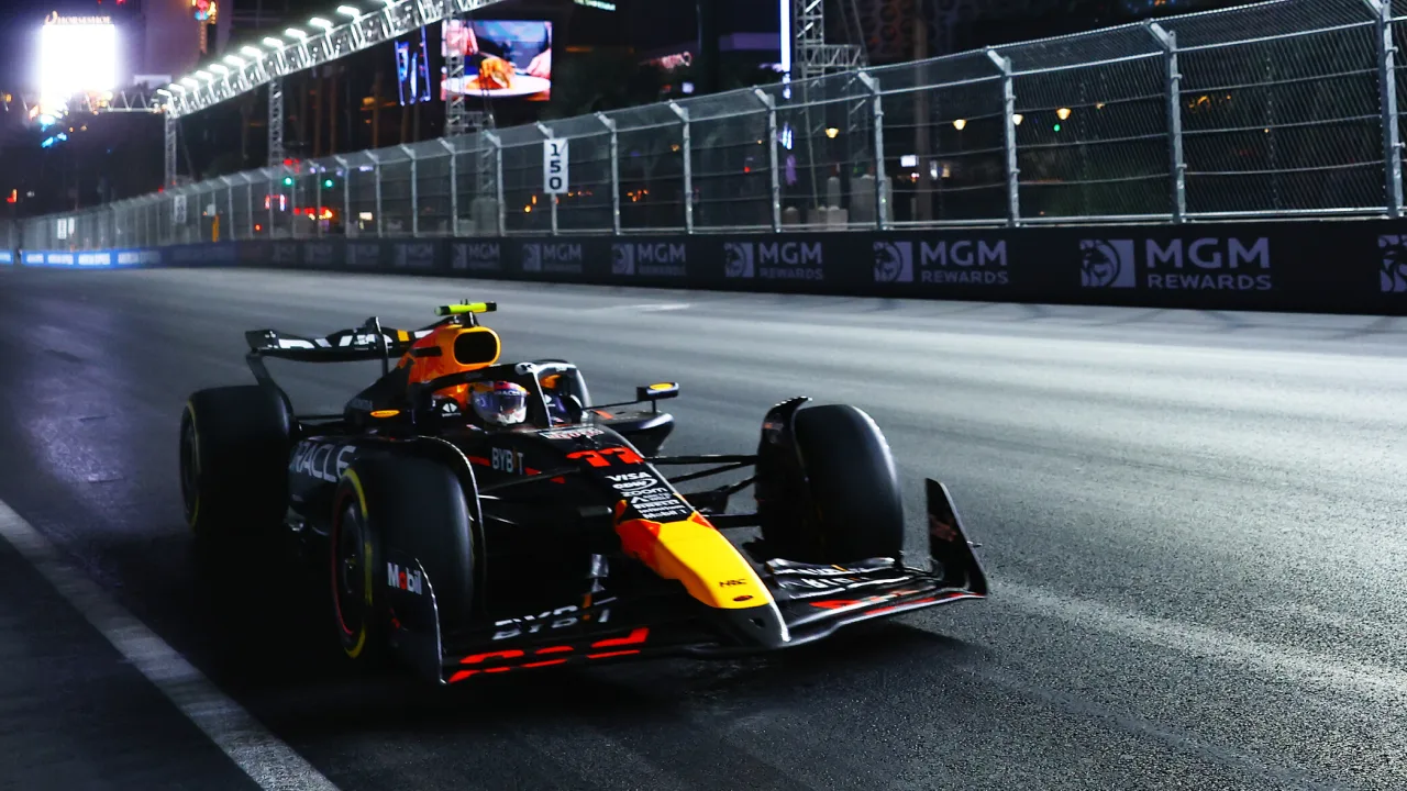 Sergio Perez of Mexico driving the (11) Oracle Red Bull Racing RB20 on track during final practice ahead of the F1 Grand Prix of Las Vegas at Las Vegas Strip Circuit on November 22, 2024 in Las Vegas, Nevada. (Photo by Mark Thompson/Getty Images)