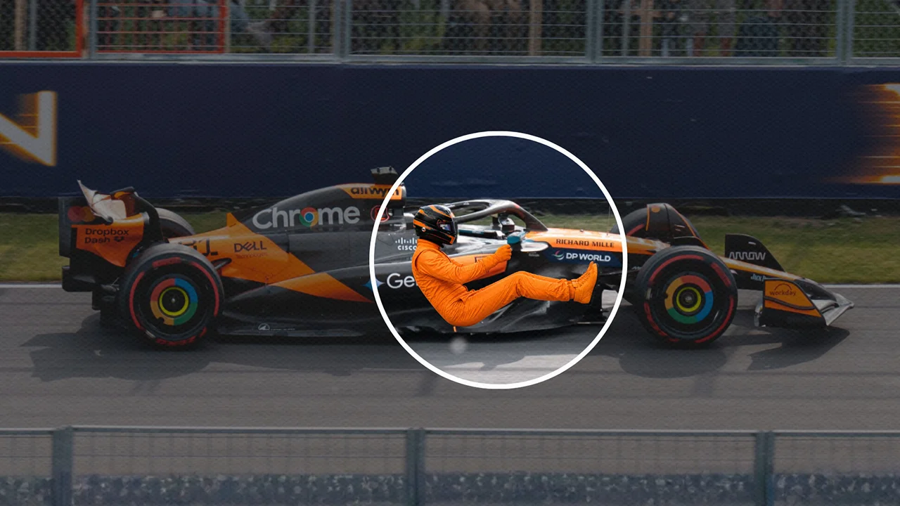 An F1 car with the approximate seating position of the driver highlighted to show the reclined configuration introduced by Adrian Newey.
