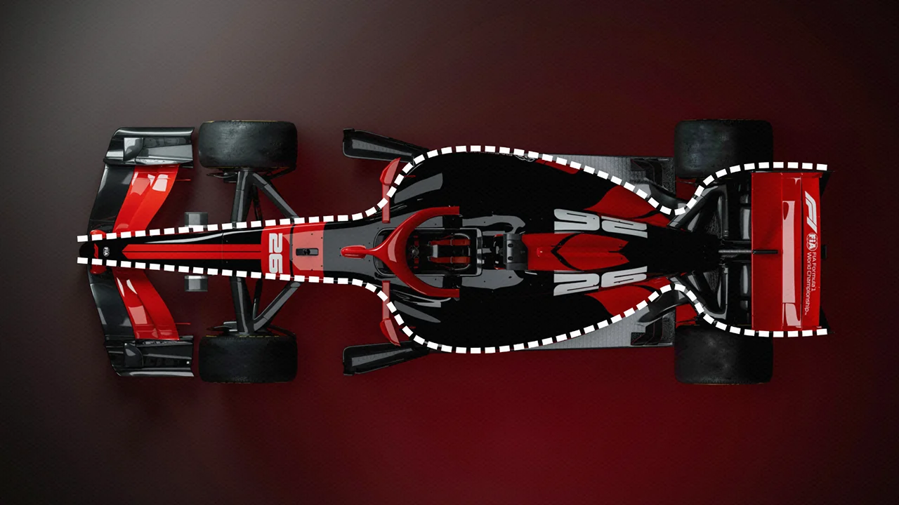 A modern F1 car with a white outline around its bodywork to emphasize the 'Coke bottle' shape of the rear that was perfected by Adrian Newey.