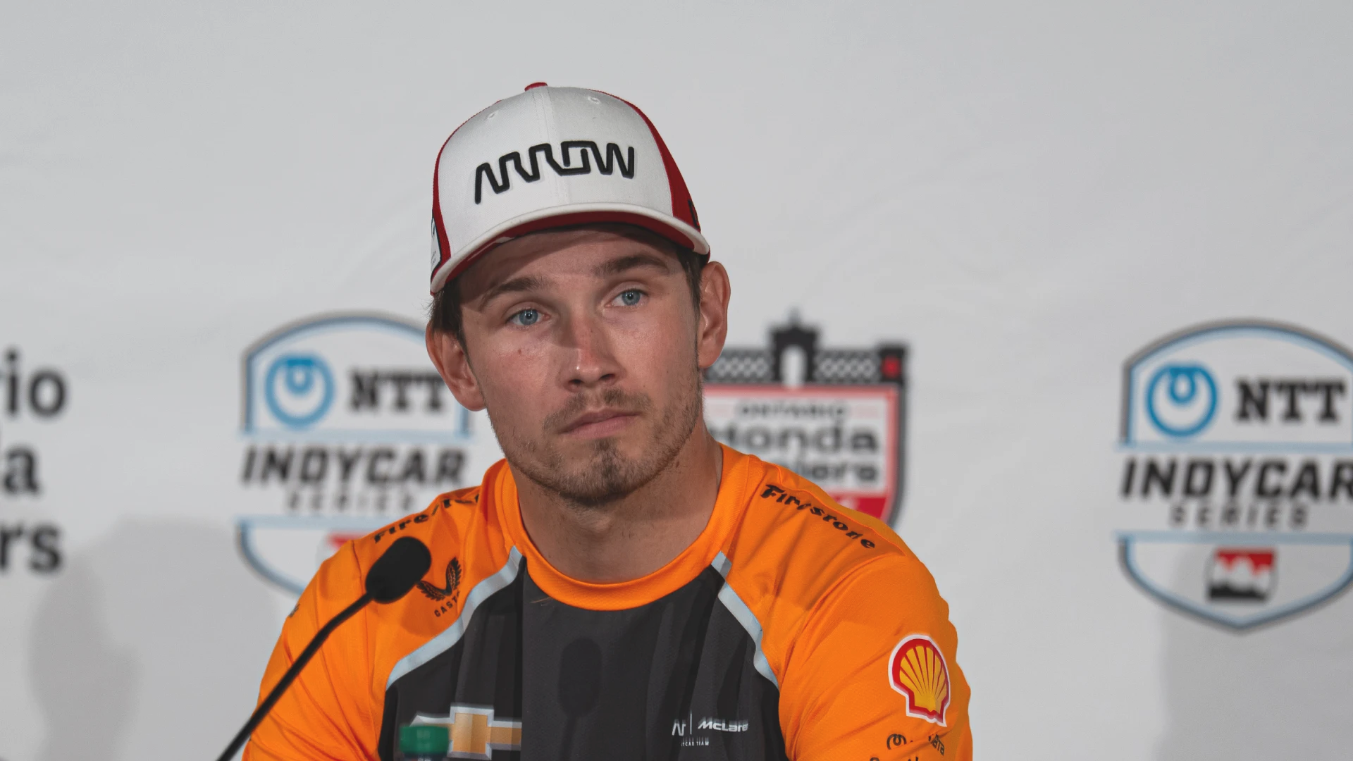 Arrow McLaren driver Christian Lundgaard answers questions at a press conference during the 2025 Ontario Honda Dealers Indy Toronto