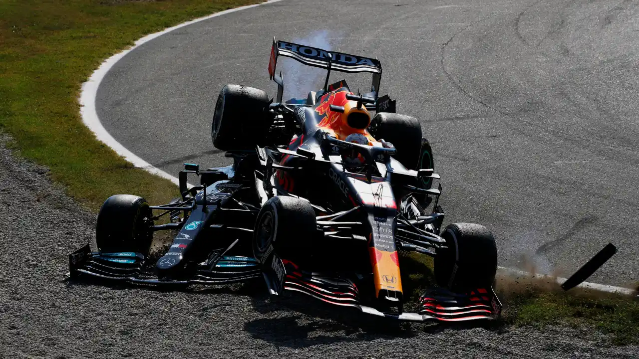 Lewis Hamilton and Max Verstappen collide at the 2021 Italian Grand Prix, resulting in Verstappen's Red Bull on top of Hamilton's Mercedes. Source: Mercedes-Benz Media Centre