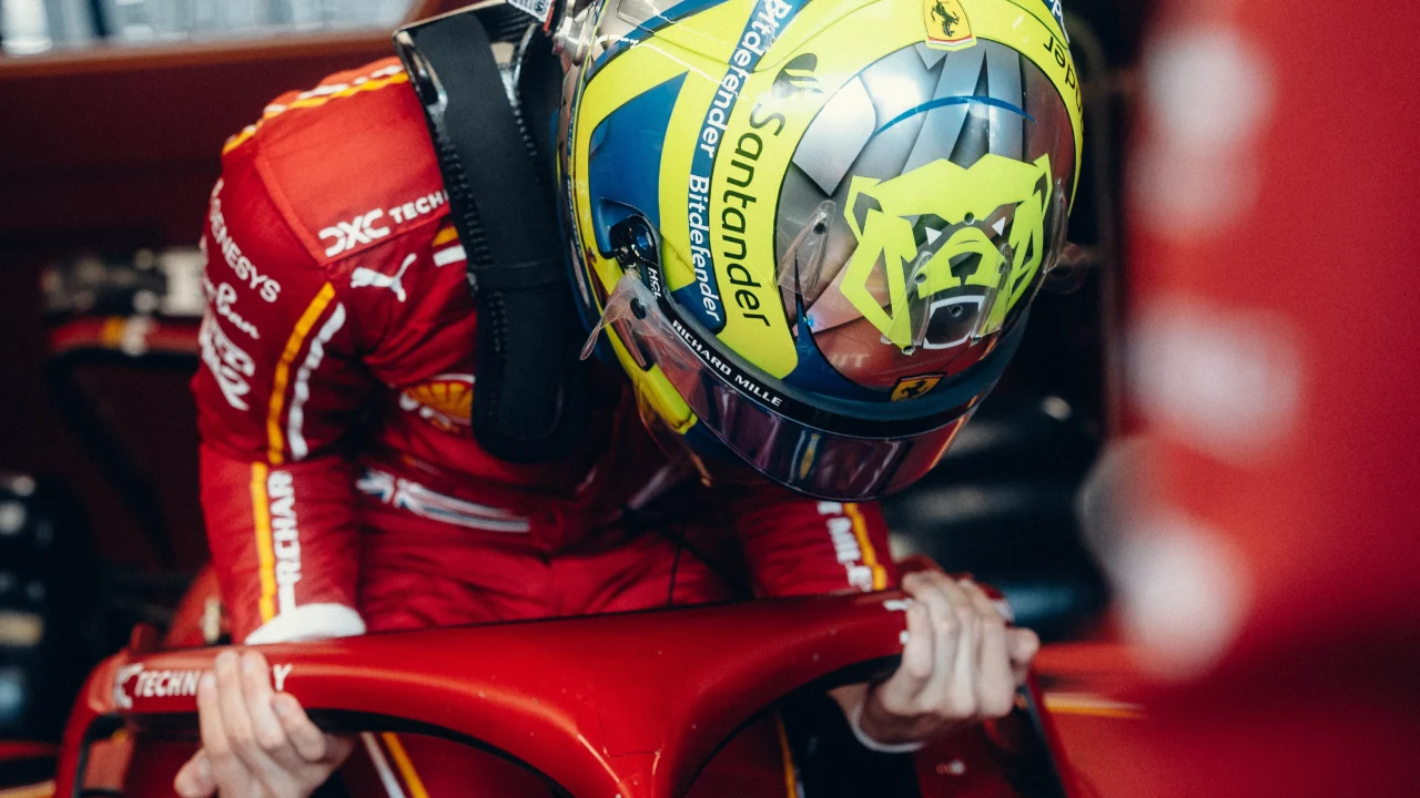 Oliver Bearman jumps into the SF-24 during the 2024 Saudi Arabian Grand Prix, sporting a helmet with his iconic bear design. (Photo: Ferrari Media Centre)