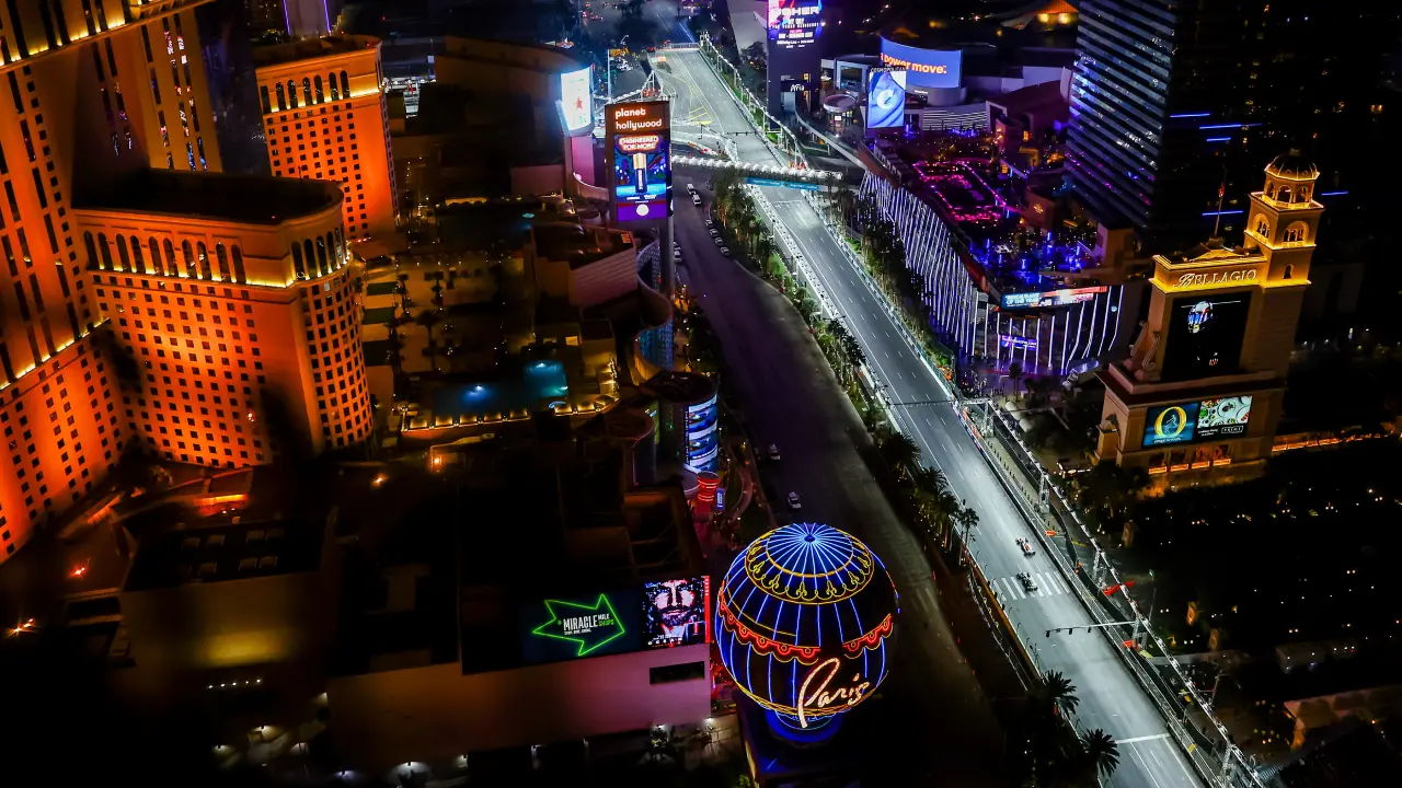 The Las Vegas Strip Circuit with its famed straight along the Las Vegas Strip lit up at night. (Photo: Mark Thompson, Getty Images/Red Bull Content Pool)