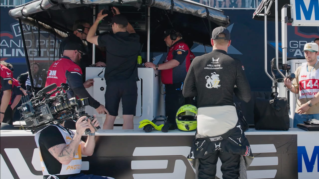 Derek Mindler filming Mick Schumacher in the Arlington Grand Prix pit lane (Photo: Derek Mindler)