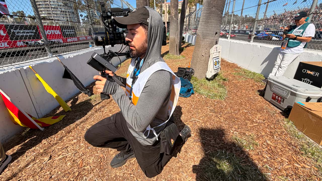 Derek Mindler filming at the Long Beach Grand Prix on a Sony BURANO (Photo: Derek Mindler)