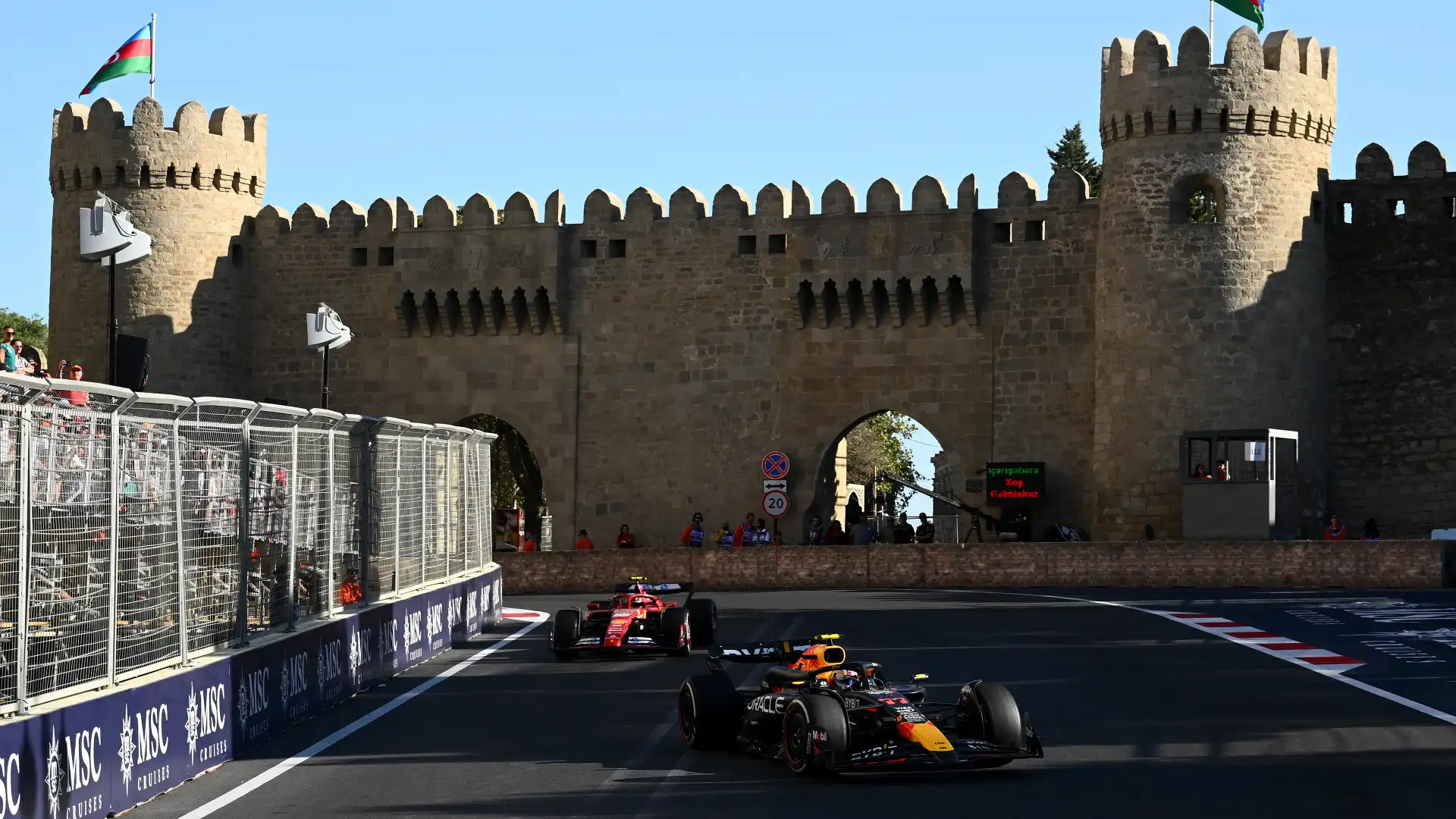 Sergio Perez leads Carlos Sainz at the Azerbaijan Grand Prix (Photo: Clive Mason, Getty Images/Red Bull Content Pool)
