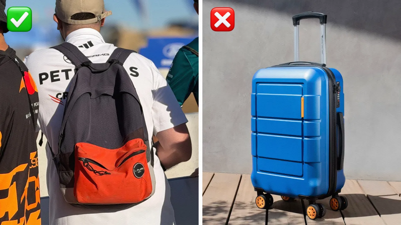 An example of an acceptable backpack vs. prohibited luggage