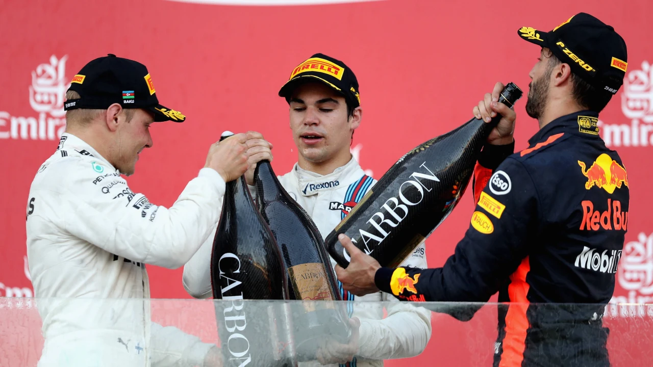 Valtteri Bottas, Lance Stroll and Daniel Ricciardo celebrate their podiums with champagne at the 2017 Azerbaijan Grand Prix. (Photo: Mark Thompson, Getty Images/Red Bull Content Pool)