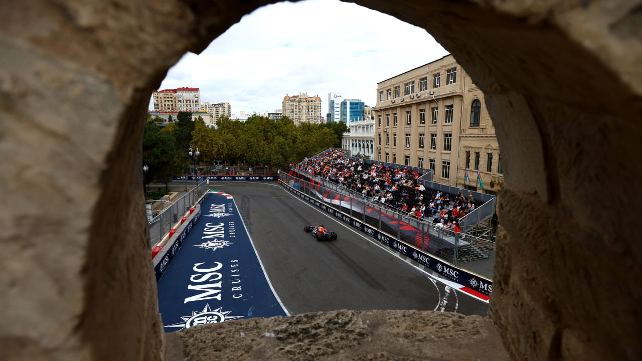 Max Verstappen practicing on the streets of Baku during the 2025 Azerbaijan Grand Prix. (Photo: Joe Portlock / Red Bull Content Pool)