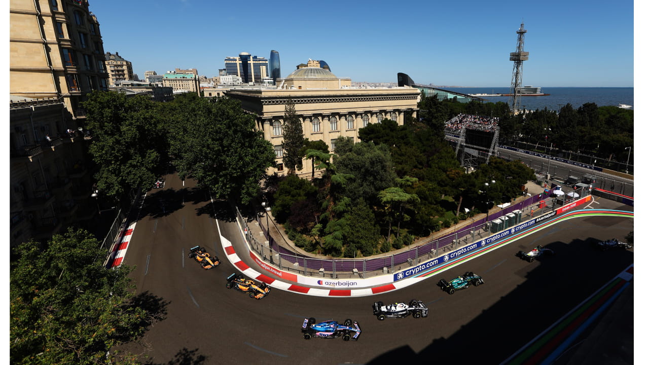 Formula 1 cars race around Baku during the 2022 Azerbaijan Grand Prix. (Photo: Clive Rose, Getty Images/Red Bull Content Pool)