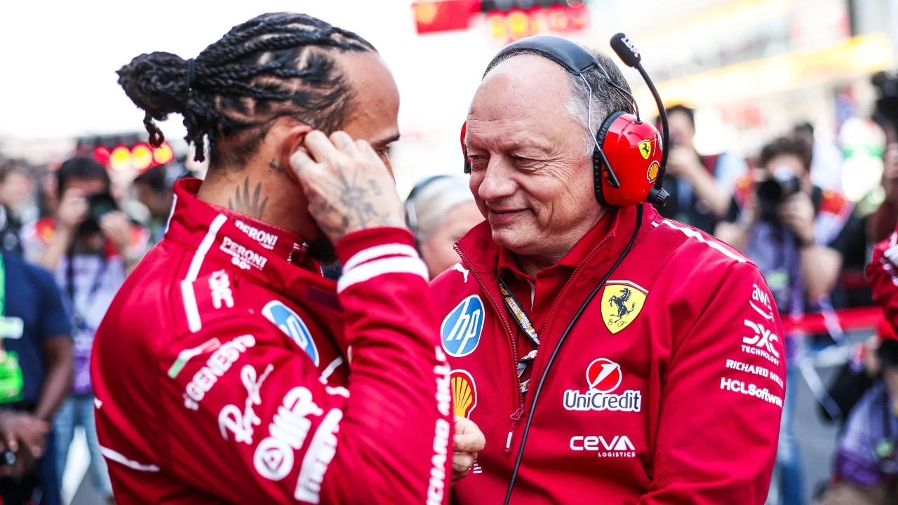 Lewis Hamilton and Fred Vasseur on the grid at the 2025 Chinese Grand Prix. (Photo: Ferrari Media Centre)