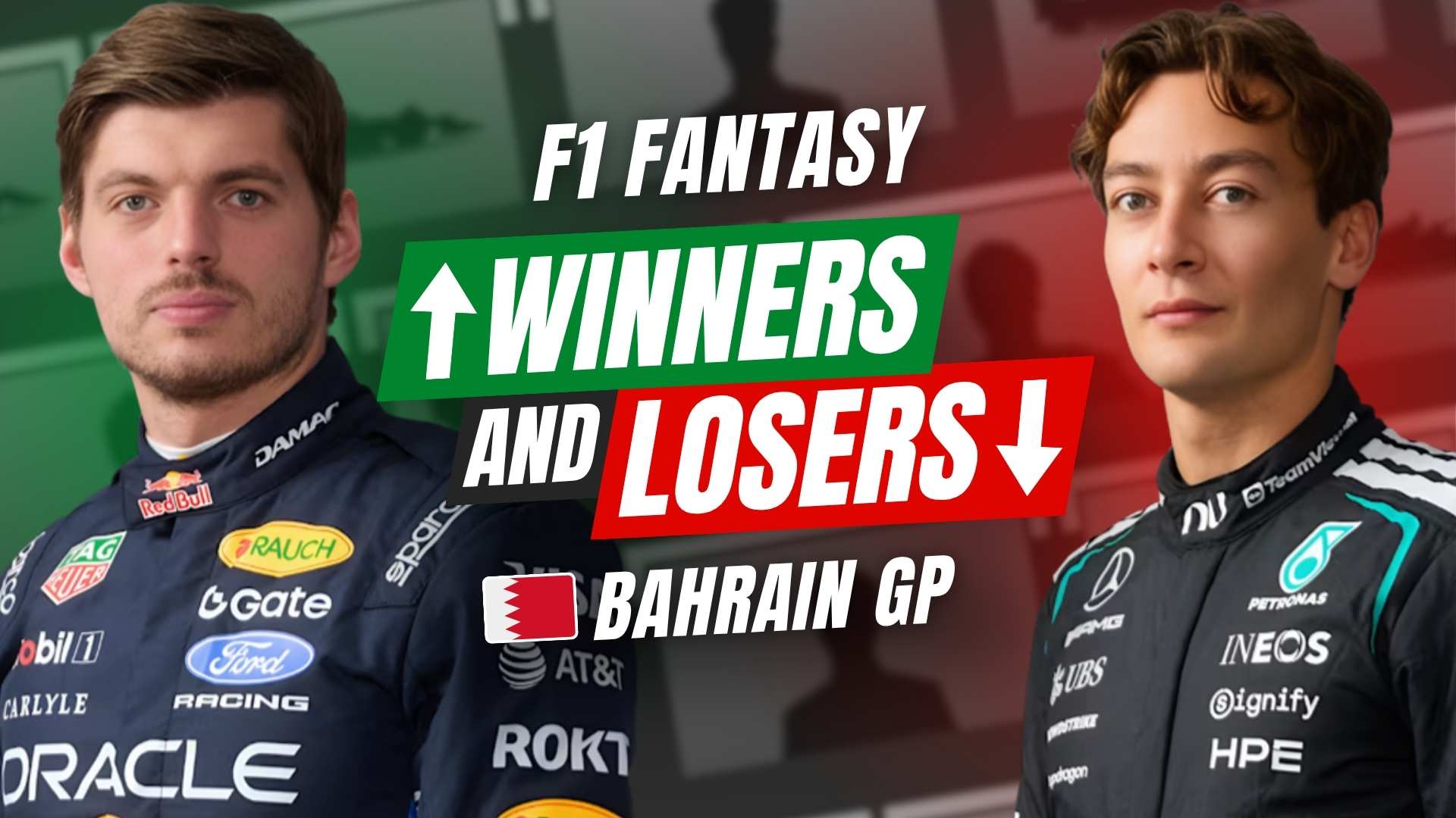 F1 Fantasy Winners and Losers article cover for the Bahrain GP with Max Verstappen and George Russell.