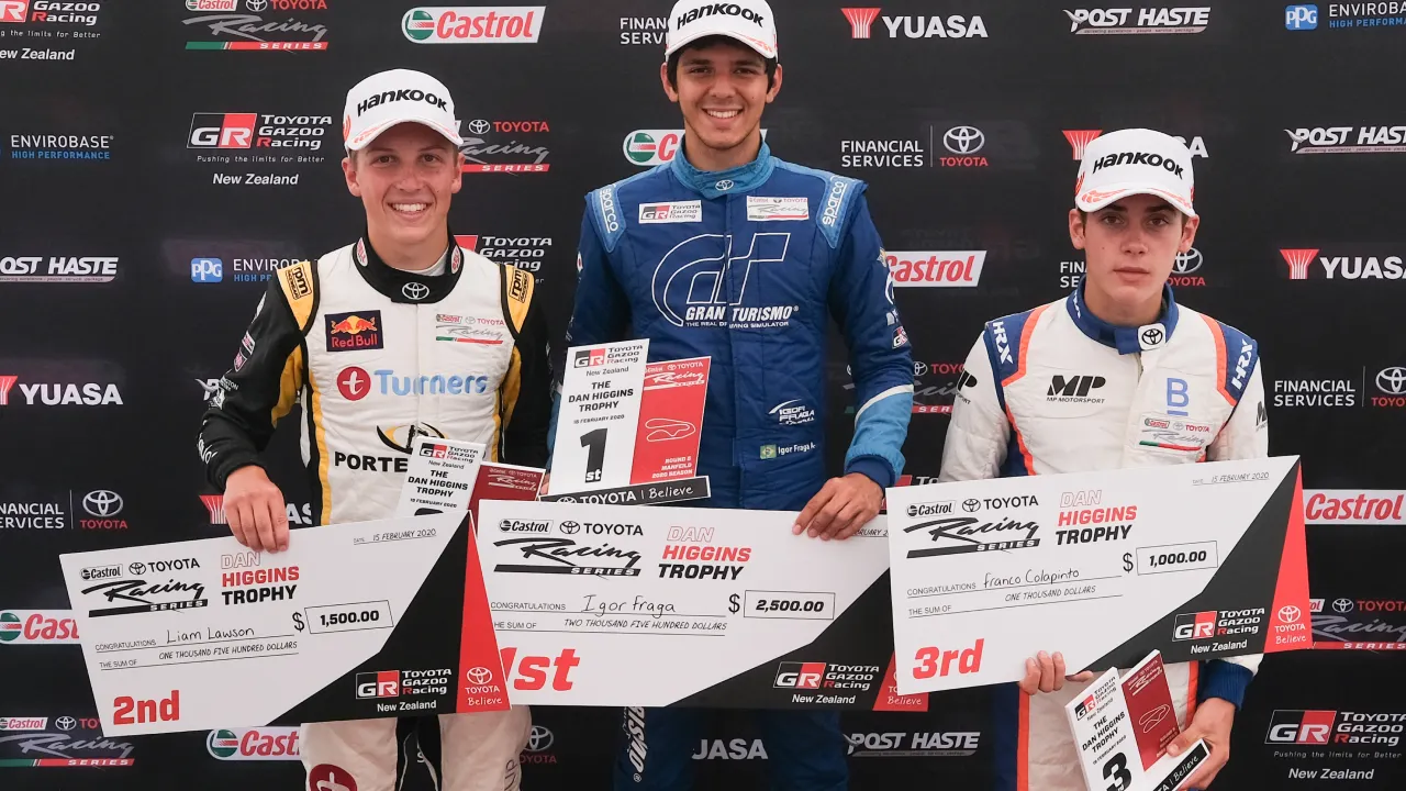 Liam Lawson, Igor Fraga and Franco Colapinto celebrate on the podium during the 2020 Castrol Toyota Racing Series stop in Manfeild, New Zealand. (Photo: Bruce Jenkins, Red Bull Content Pool)