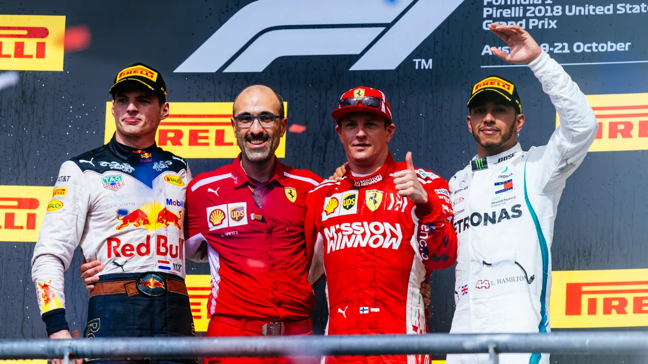 Max Verstappen, Carlos Santi, Kimi Raikkonen and Lewis Hamilton on the podium of the 2018 US Grand Prix. (Photo: Ferrari Media Centre)