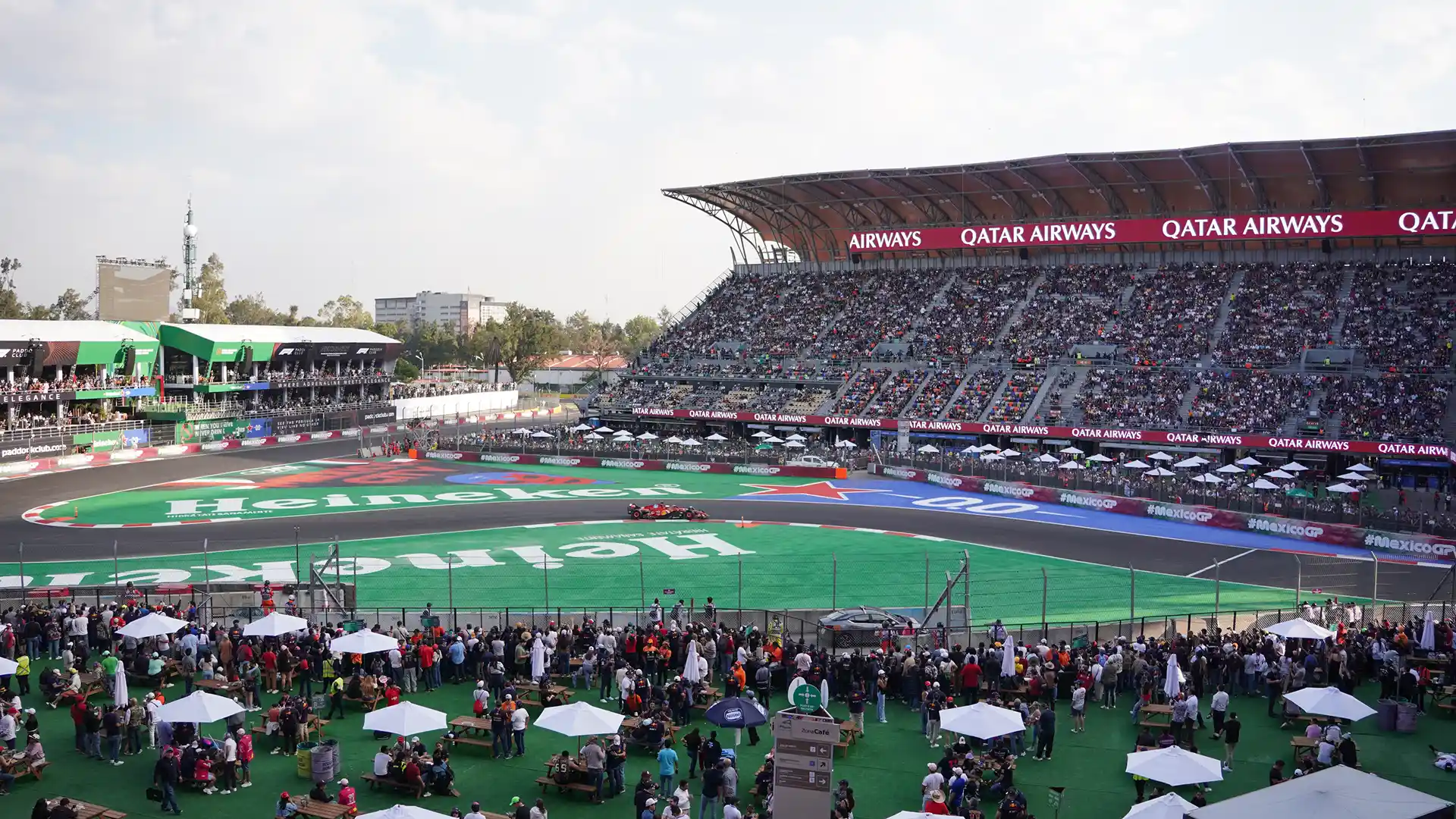 A Ferrari races through the GNP Seguros Stadium section at the Mexican Grand Prix (Photo: Greg Kallman/FanAmp)