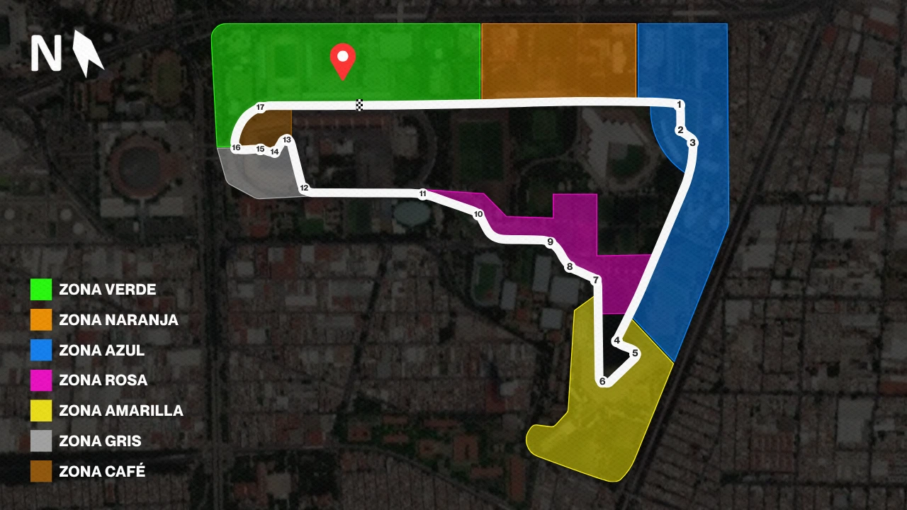 Map of spectator zones at the Mexican GP circuit, including the Green Zone, where the F1 Fan Zone is located.