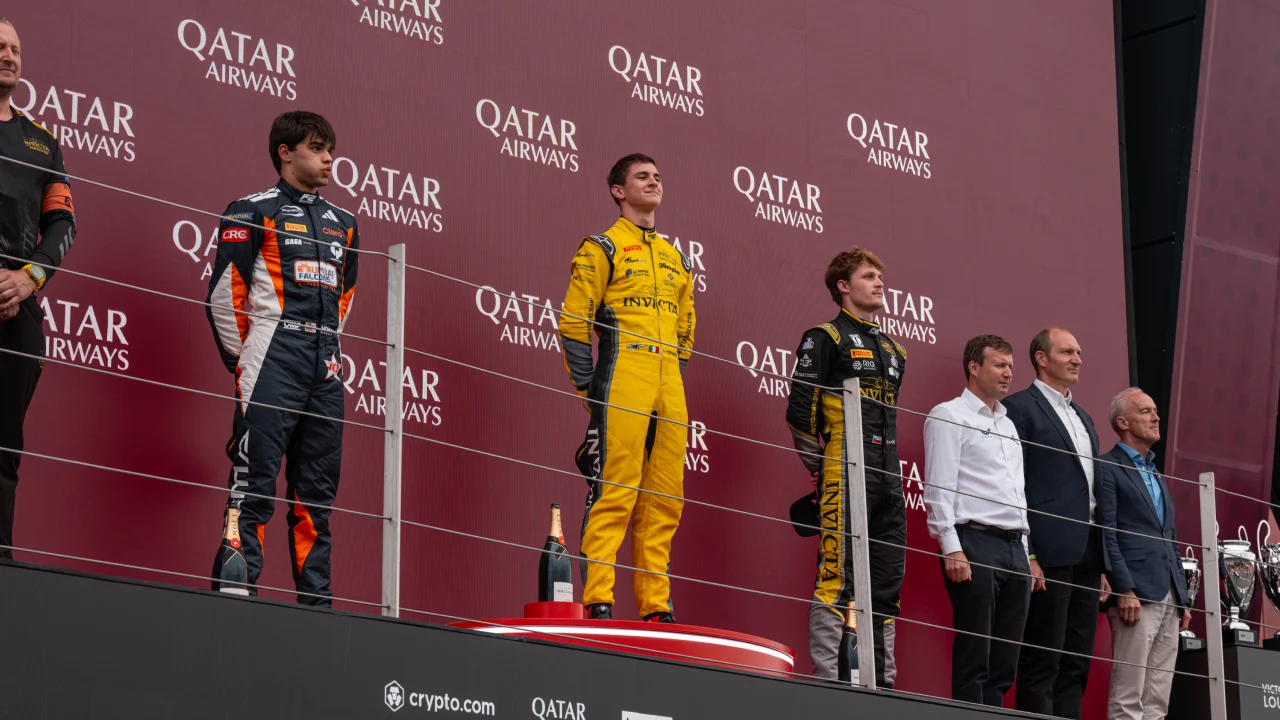 Sebastian Montoya, Leonardo Fornaroli and Roman Stanek on the sprint podium during the sprint of the eighth F2 2025 Championship round in Silverstone, UK. (Photo: Greg Kallman, FanAmp)