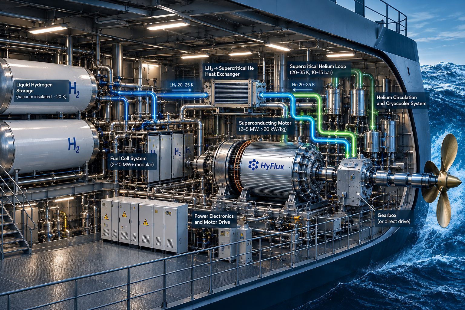HyFlux hydrogen-electric marine powertrain: liquid hydrogen storage, fuel cells, cryogenic heat exchangers and superconducting motor