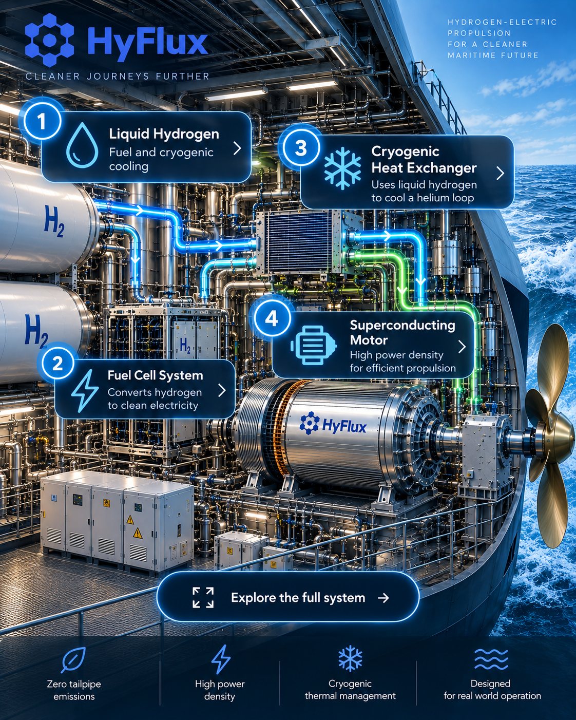 HyFlux hydrogen-electric marine powertrain: liquid hydrogen storage, fuel cells, cryogenic heat exchangers and superconducting motor