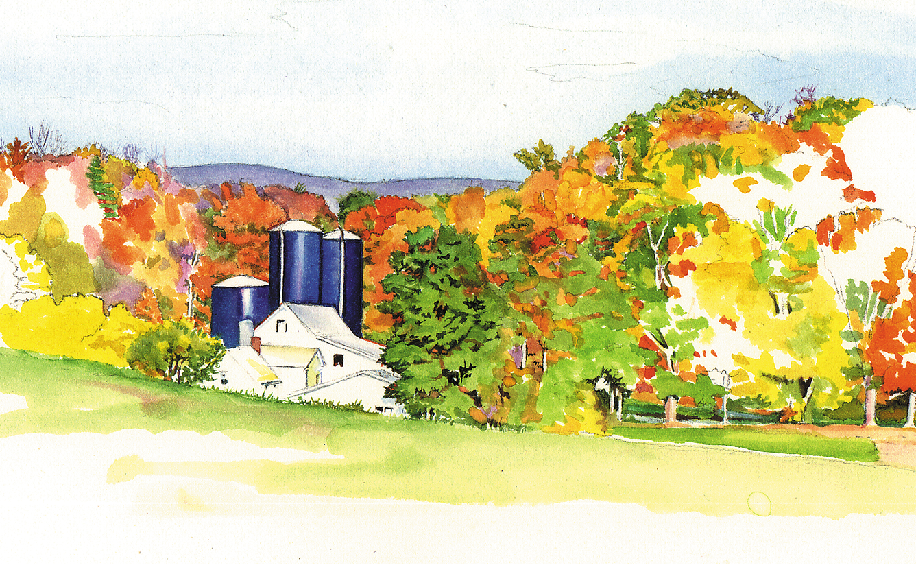 Watercolor painting of a rural farm with white buildings and blue silos surrounded by vibrant autumn trees in shades of green, yellow, orange, and red.