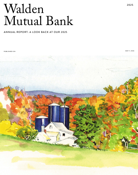 Front cover of Walden Mutual Bank 2025 annual report featuring a watercolor painting of a rural farm with blue silos surrounded by trees with autumn foliage.
