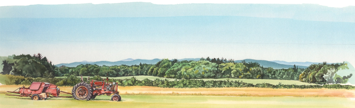 Watercolor painting of a red tractor with a hay baler attached, set in a green field with trees and hills in the background under a clear sky.