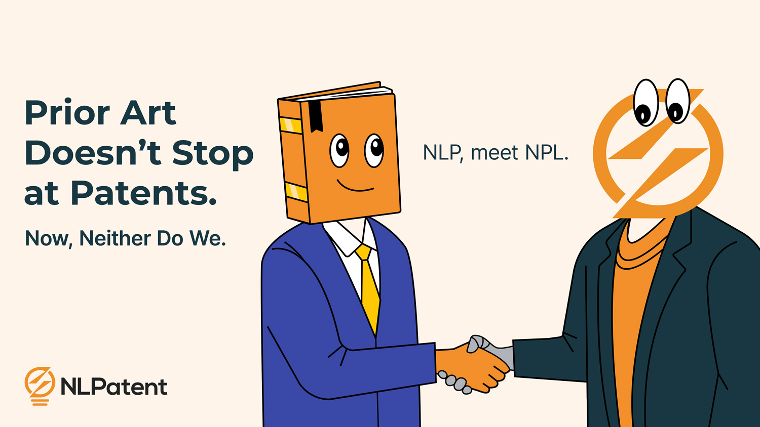 An illustration of a character with a book for a head shaking hands with a character with the NLPatent logo for a head.