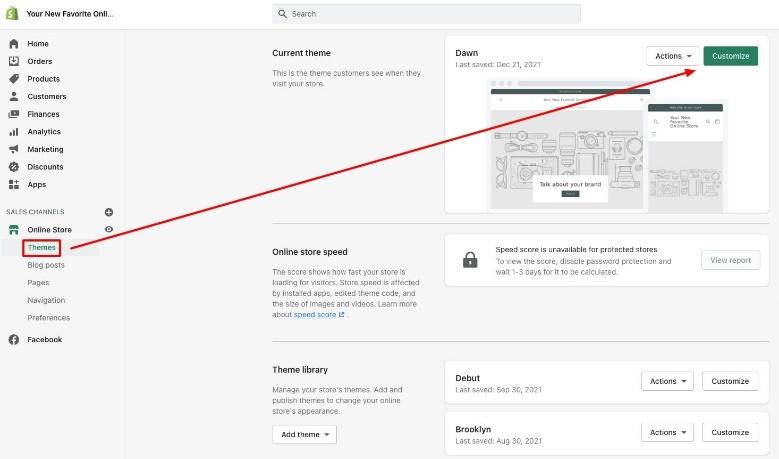 shopify dashboard online store themes customize current