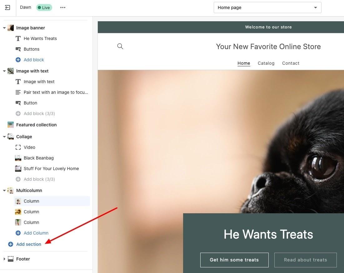 shopify theme editor add section
