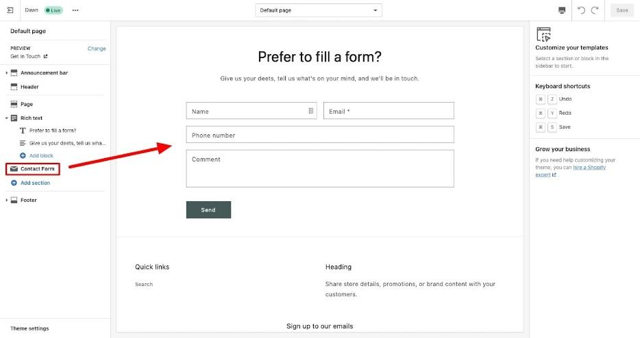 shopify theme editor add form