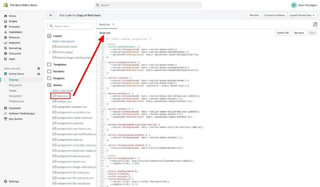 base.css file shopify code editor