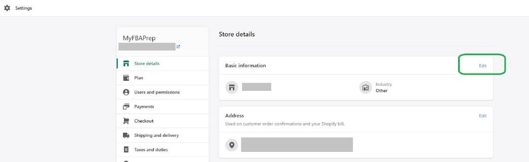 shopify settings store details basic information