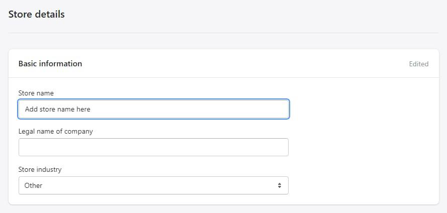 shopify store name legal name industry settings