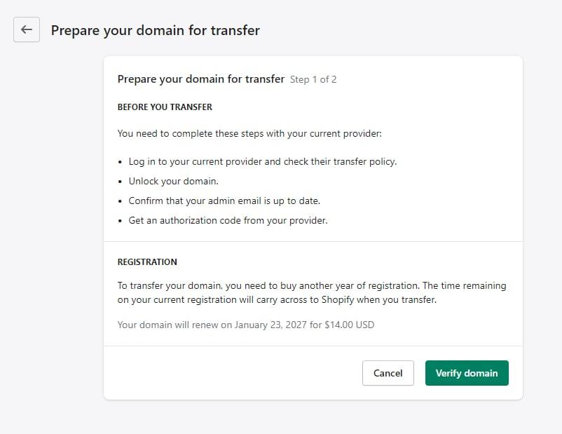 transfer domain to shopify