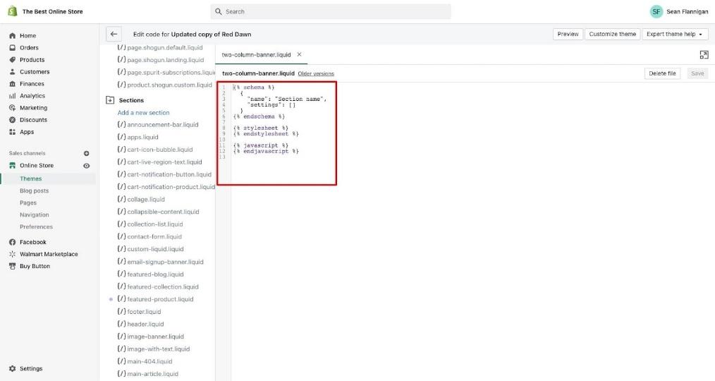 shopify code editor new section liquid template