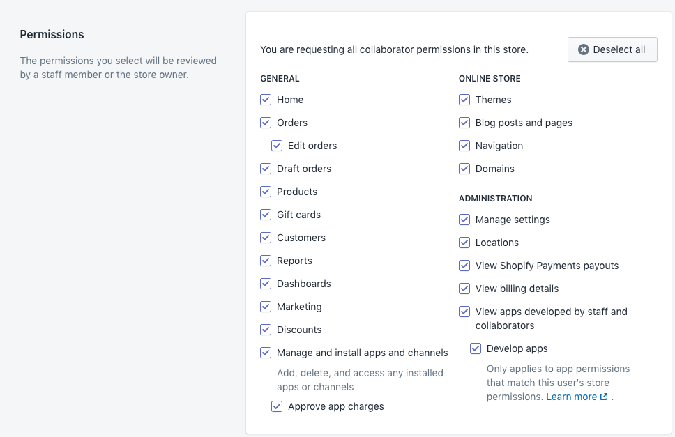 Collaborator permissions Shopify