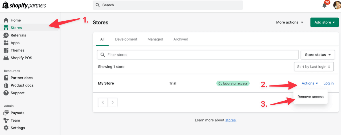Remove store from Shopify partners