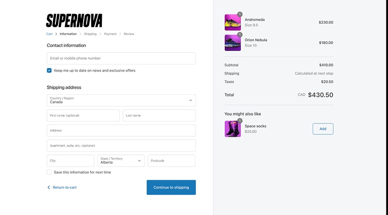 Mockup of a customized checkout transforming its appearance using the Shopify Branding API