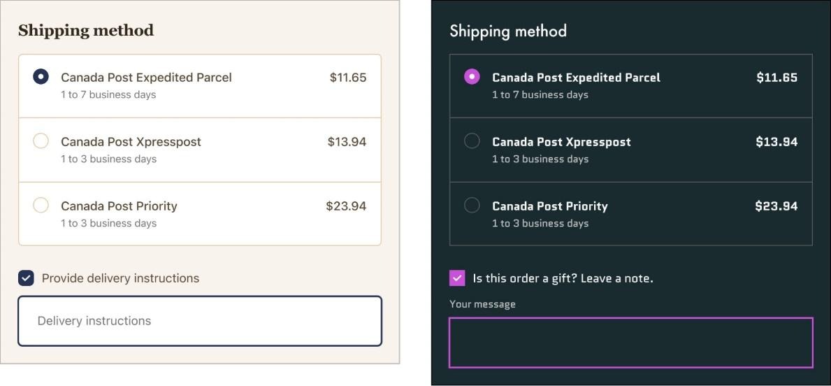Mockup image of two different checkout examples side by side, both showing shipping method fields at the top. The checkout on the left has a field to provide delivery instructions and the one on the right allows the customer to add a message for the recipient if their purchase is a gift.