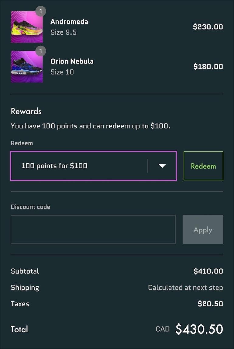 Mockup of a checkout customization allowing customers to redeem loyalty points for a discount