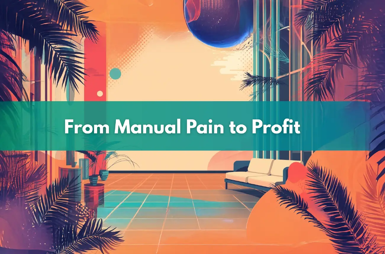 tropical hotel illustration with orane and purple tones